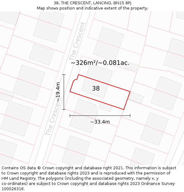 38, THE CRESCENT, LANCING, BN15 8PJ: Plot and title map