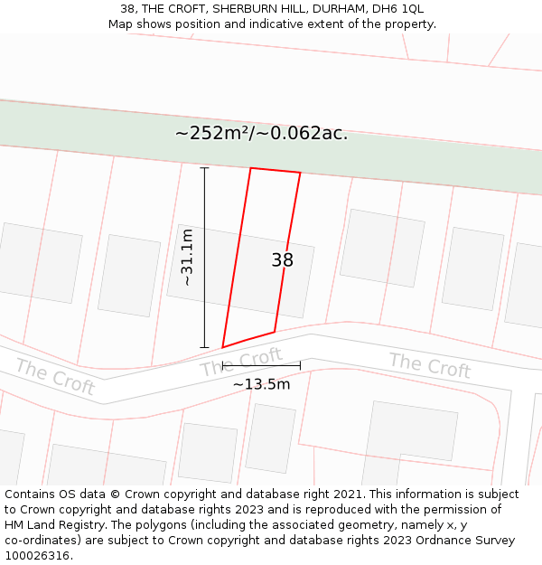 38, THE CROFT, SHERBURN HILL, DURHAM, DH6 1QL: Plot and title map
