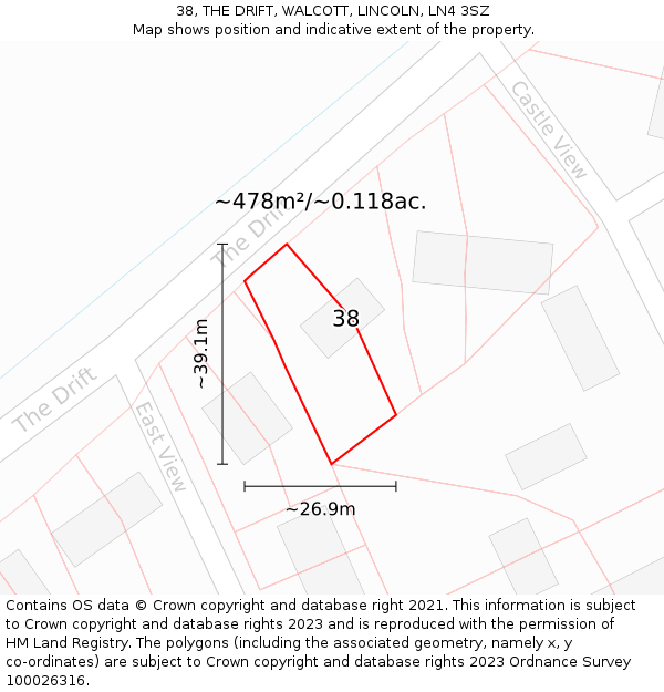 38, THE DRIFT, WALCOTT, LINCOLN, LN4 3SZ: Plot and title map