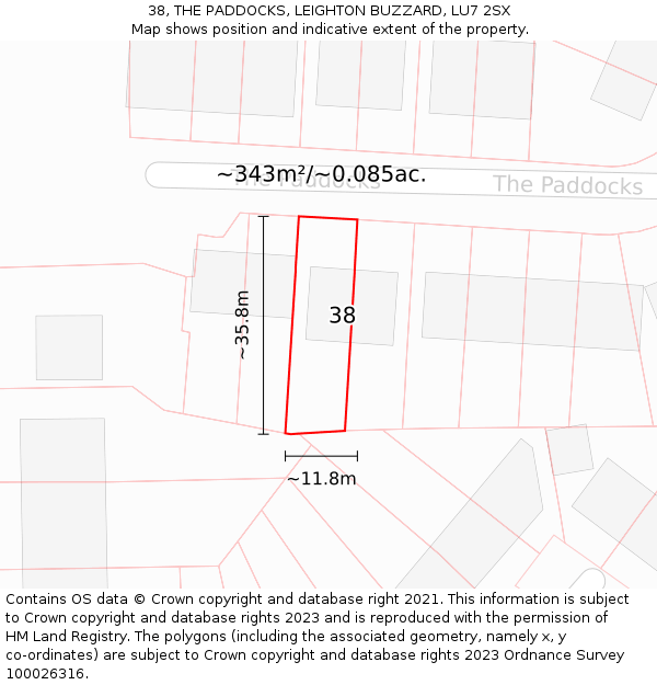 38, THE PADDOCKS, LEIGHTON BUZZARD, LU7 2SX: Plot and title map