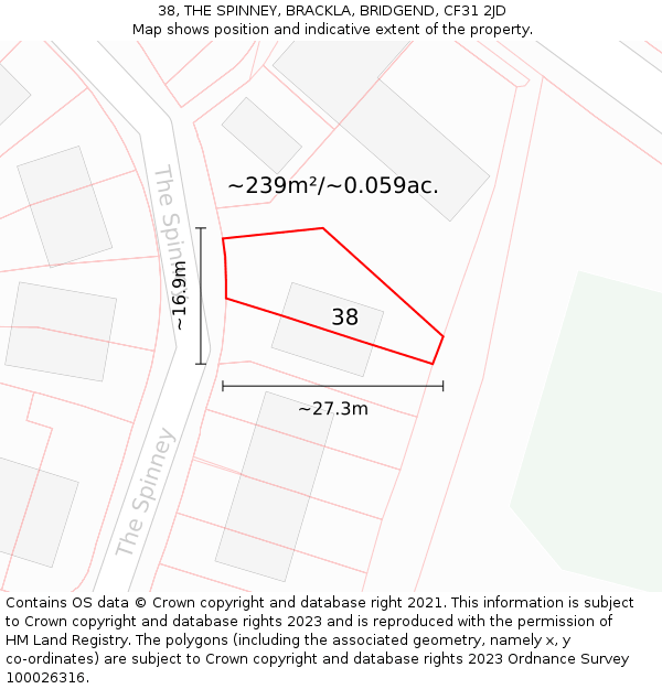 38, THE SPINNEY, BRACKLA, BRIDGEND, CF31 2JD: Plot and title map
