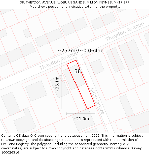 38, THEYDON AVENUE, WOBURN SANDS, MILTON KEYNES, MK17 8PR: Plot and title map