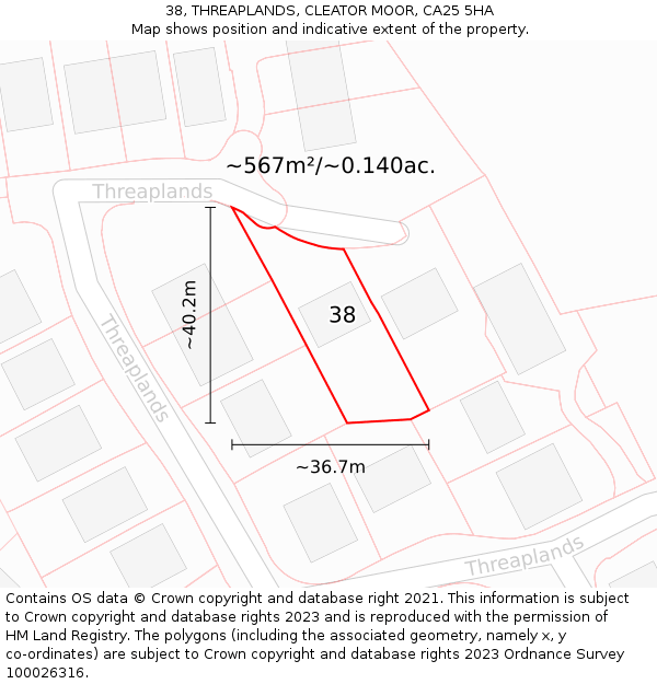 38, THREAPLANDS, CLEATOR MOOR, CA25 5HA: Plot and title map