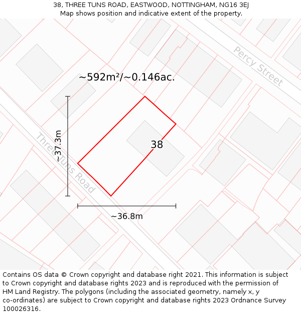 38, THREE TUNS ROAD, EASTWOOD, NOTTINGHAM, NG16 3EJ: Plot and title map