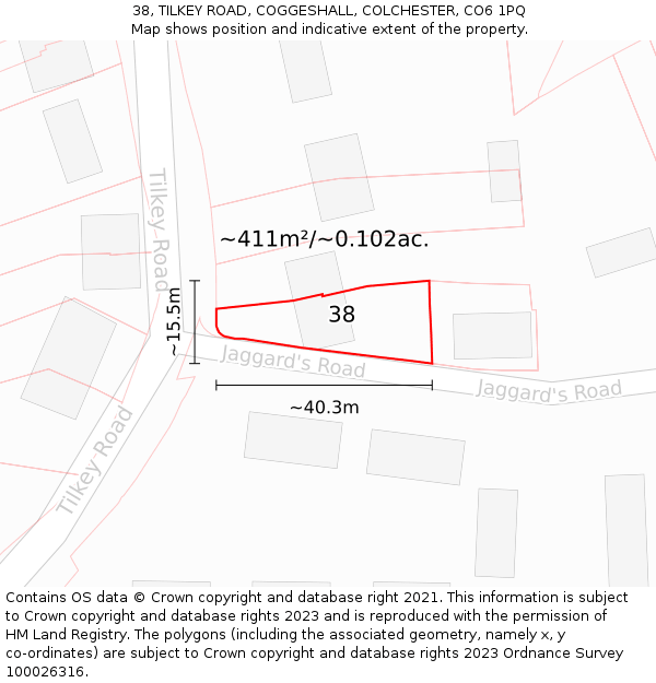 38, TILKEY ROAD, COGGESHALL, COLCHESTER, CO6 1PQ: Plot and title map
