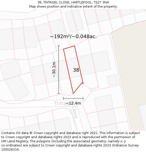 38, TINTAGEL CLOSE, HARTLEPOOL, TS27 3NA: Plot and title map
