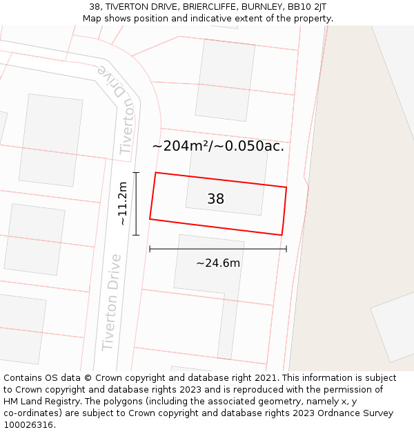 38, TIVERTON DRIVE, BRIERCLIFFE, BURNLEY, BB10 2JT: Plot and title map