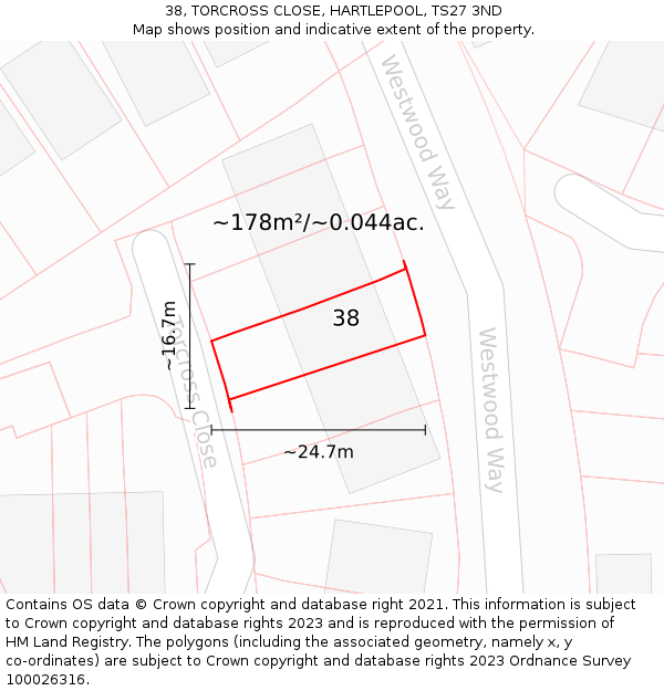 38, TORCROSS CLOSE, HARTLEPOOL, TS27 3ND: Plot and title map
