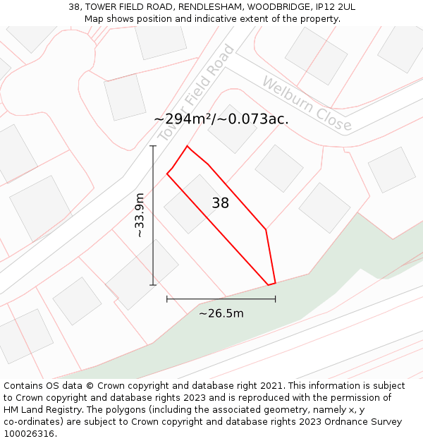 38, TOWER FIELD ROAD, RENDLESHAM, WOODBRIDGE, IP12 2UL: Plot and title map