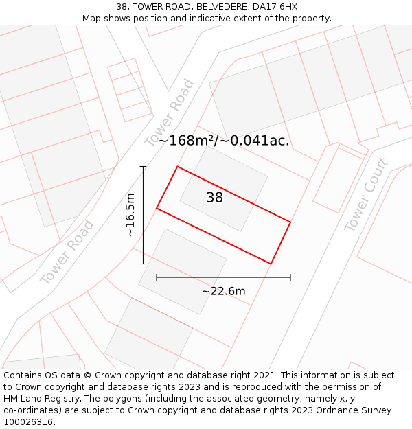 38, TOWER ROAD, BELVEDERE, DA17 6HX: Plot and title map