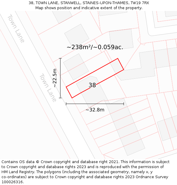 38, TOWN LANE, STANWELL, STAINES-UPON-THAMES, TW19 7RX: Plot and title map