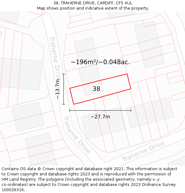 38, TRAHERNE DRIVE, CARDIFF, CF5 4UL: Plot and title map