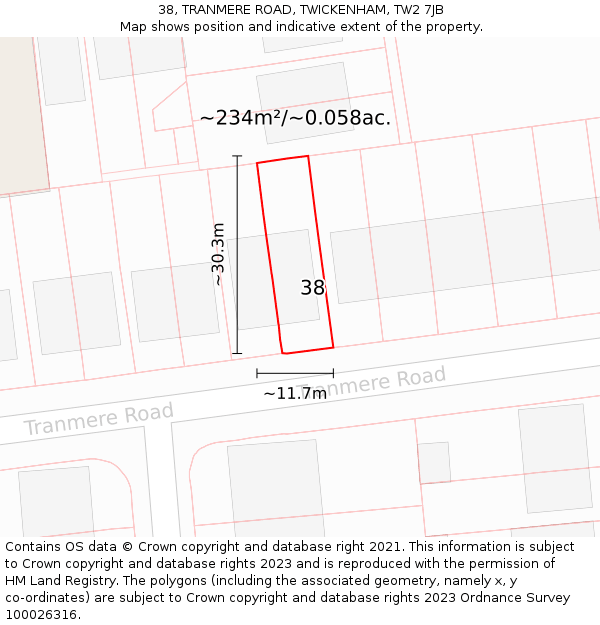 38, TRANMERE ROAD, TWICKENHAM, TW2 7JB: Plot and title map
