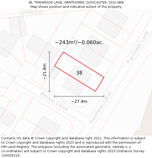 38, TRANMOOR LANE, ARMTHORPE, DONCASTER, DN3 3BW: Plot and title map