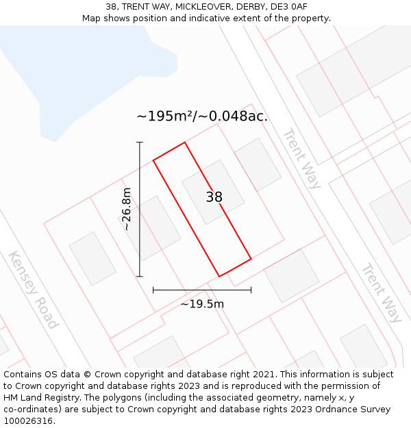 38, TRENT WAY, MICKLEOVER, DERBY, DE3 0AF: Plot and title map