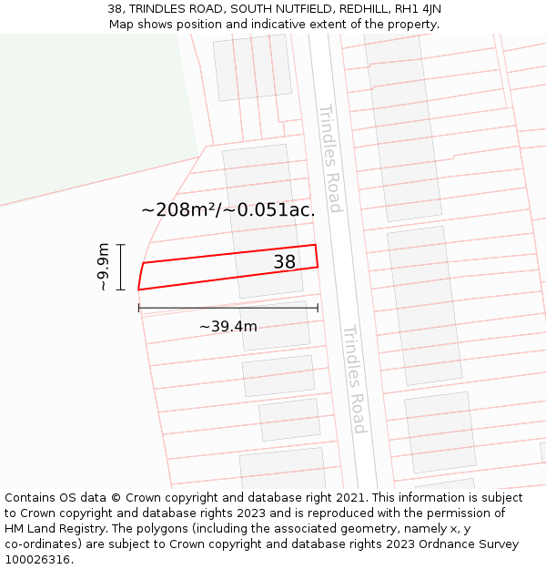 38, TRINDLES ROAD, SOUTH NUTFIELD, REDHILL, RH1 4JN: Plot and title map