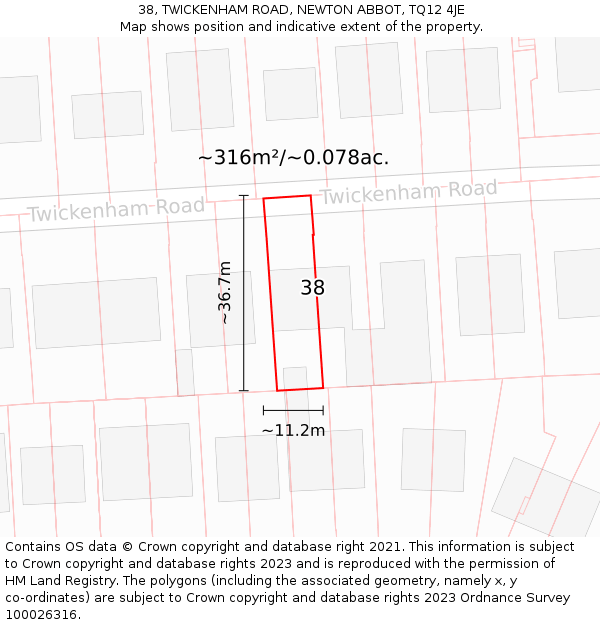 38, TWICKENHAM ROAD, NEWTON ABBOT, TQ12 4JE: Plot and title map