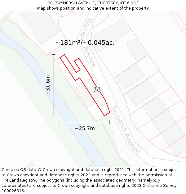 38, TWYNERSH AVENUE, CHERTSEY, KT16 9DE: Plot and title map
