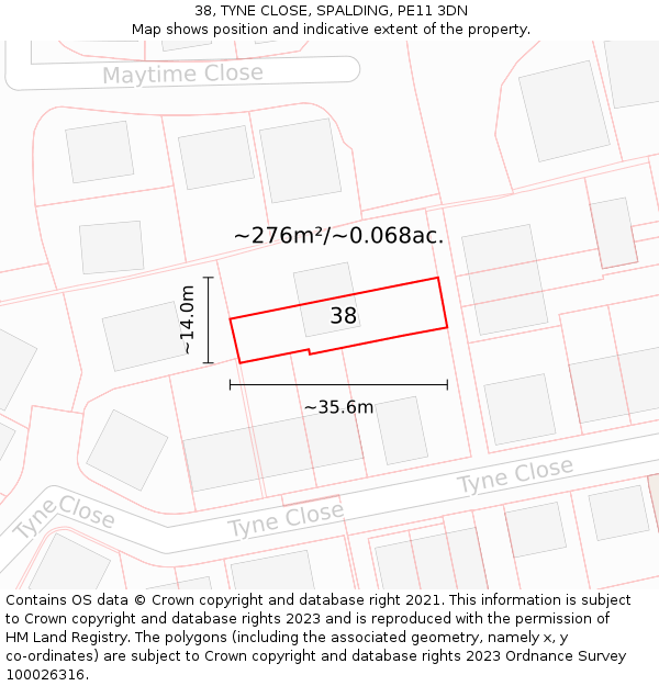 38, TYNE CLOSE, SPALDING, PE11 3DN: Plot and title map