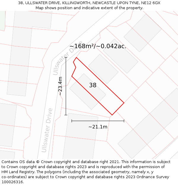 38, ULLSWATER DRIVE, KILLINGWORTH, NEWCASTLE UPON TYNE, NE12 6GX: Plot and title map