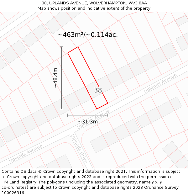 38, UPLANDS AVENUE, WOLVERHAMPTON, WV3 8AA: Plot and title map