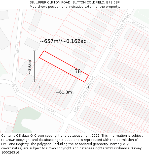 38, UPPER CLIFTON ROAD, SUTTON COLDFIELD, B73 6BP: Plot and title map