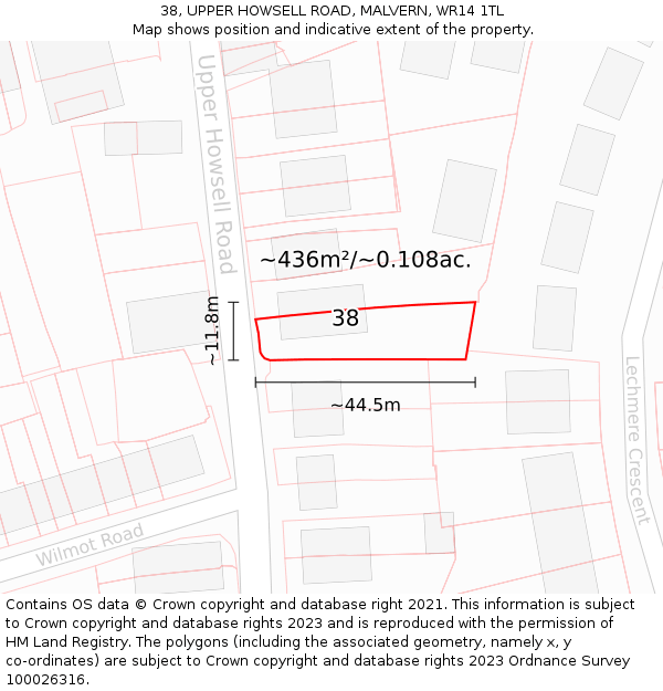 38, UPPER HOWSELL ROAD, MALVERN, WR14 1TL: Plot and title map
