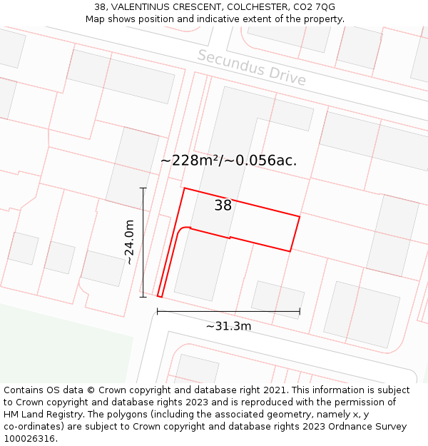 38, VALENTINUS CRESCENT, COLCHESTER, CO2 7QG: Plot and title map