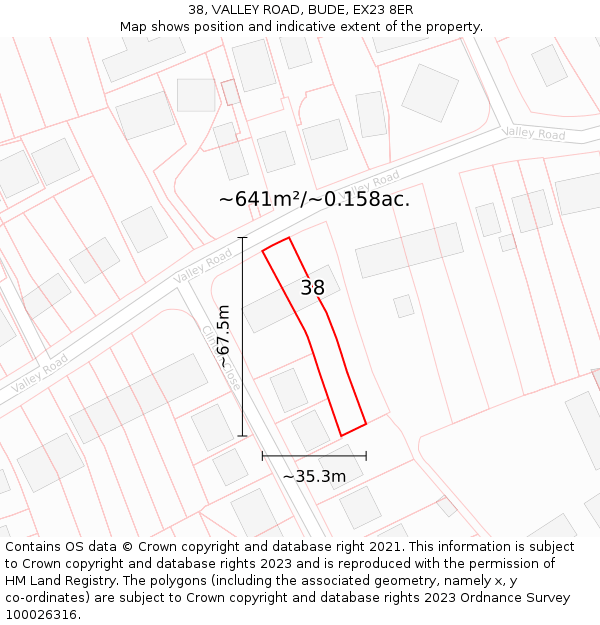 38, VALLEY ROAD, BUDE, EX23 8ER: Plot and title map