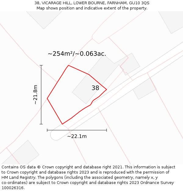 38, VICARAGE HILL, LOWER BOURNE, FARNHAM, GU10 3QS: Plot and title map