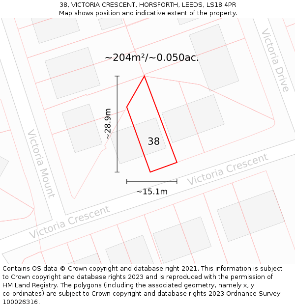 38, VICTORIA CRESCENT, HORSFORTH, LEEDS, LS18 4PR: Plot and title map