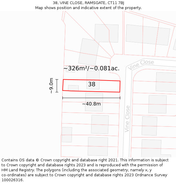 38, VINE CLOSE, RAMSGATE, CT11 7BJ: Plot and title map