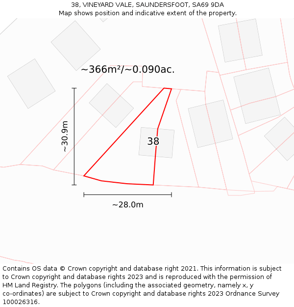 38, VINEYARD VALE, SAUNDERSFOOT, SA69 9DA: Plot and title map