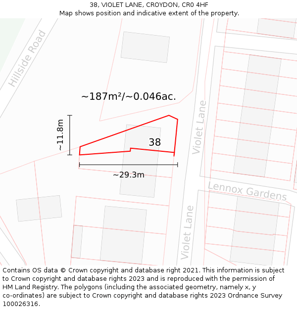 38, VIOLET LANE, CROYDON, CR0 4HF: Plot and title map