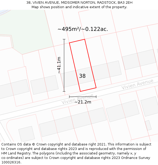 38, VIVIEN AVENUE, MIDSOMER NORTON, RADSTOCK, BA3 2EH: Plot and title map