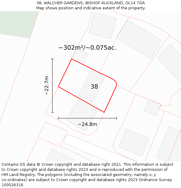 38, WALCHER GARDENS, BISHOP AUCKLAND, DL14 7GA: Plot and title map