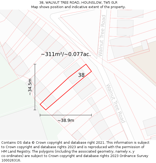 38, WALNUT TREE ROAD, HOUNSLOW, TW5 0LR: Plot and title map