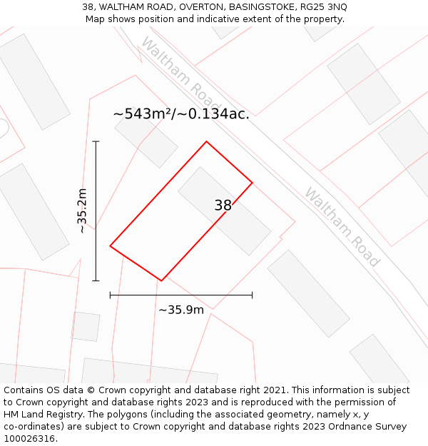 38, WALTHAM ROAD, OVERTON, BASINGSTOKE, RG25 3NQ: Plot and title map