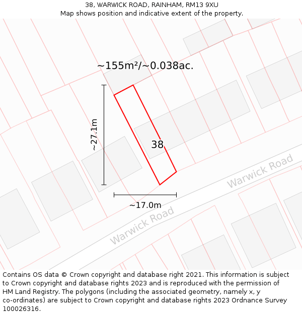 38, WARWICK ROAD, RAINHAM, RM13 9XU: Plot and title map