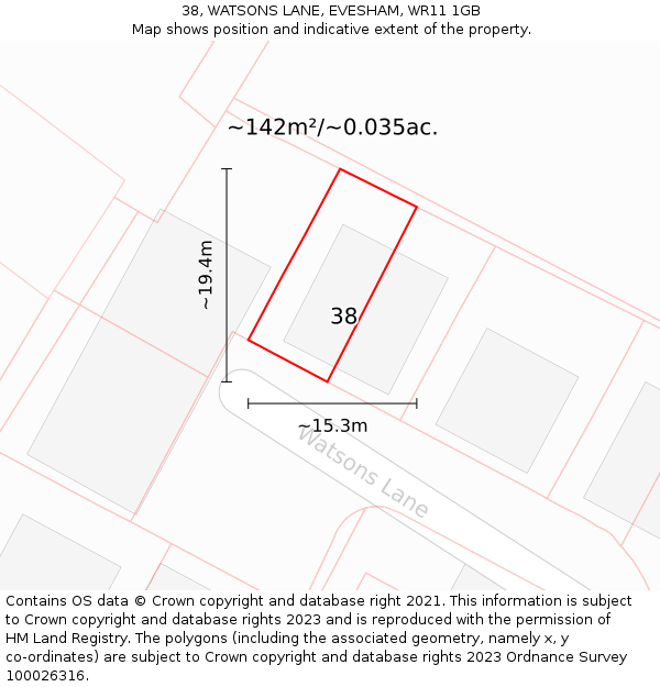 38, WATSONS LANE, EVESHAM, WR11 1GB: Plot and title map