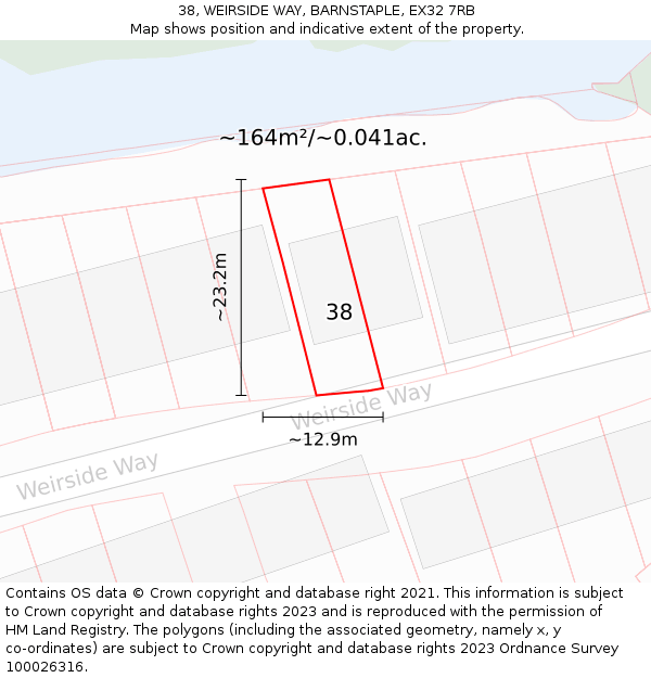 38, WEIRSIDE WAY, BARNSTAPLE, EX32 7RB: Plot and title map
