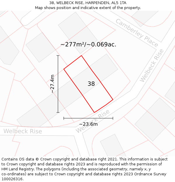 38, WELBECK RISE, HARPENDEN, AL5 1TA: Plot and title map