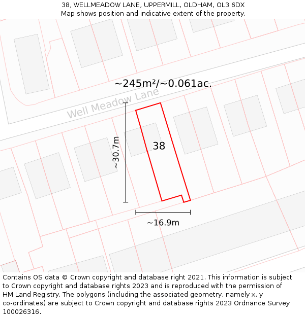 38, WELLMEADOW LANE, UPPERMILL, OLDHAM, OL3 6DX: Plot and title map
