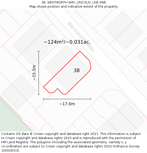38, WENTWORTH WAY, LINCOLN, LN6 0WE: Plot and title map