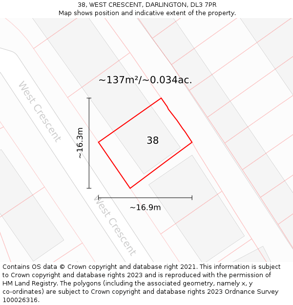 38, WEST CRESCENT, DARLINGTON, DL3 7PR: Plot and title map