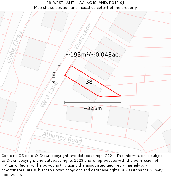 38, WEST LANE, HAYLING ISLAND, PO11 0JL: Plot and title map