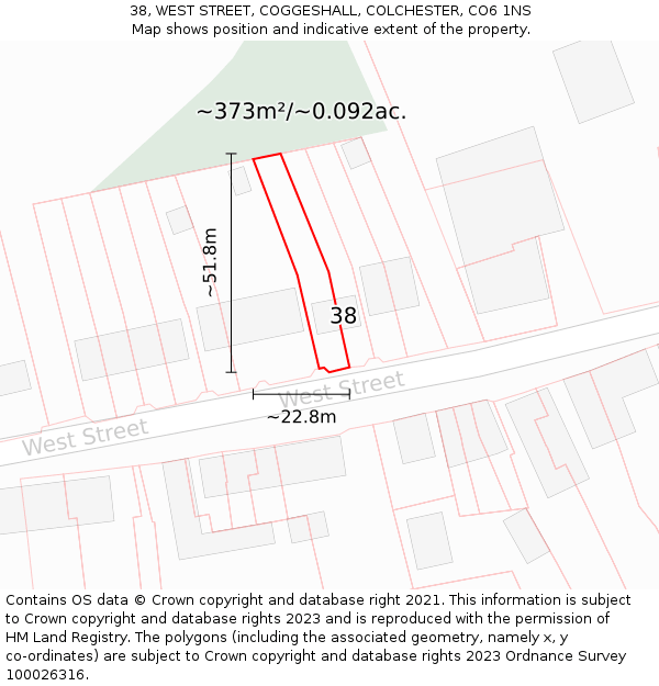 38, WEST STREET, COGGESHALL, COLCHESTER, CO6 1NS: Plot and title map