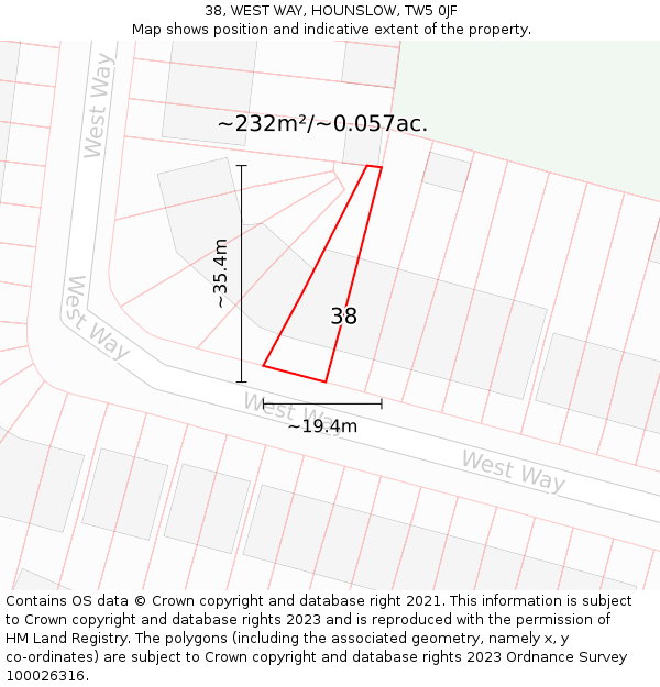 38, WEST WAY, HOUNSLOW, TW5 0JF: Plot and title map