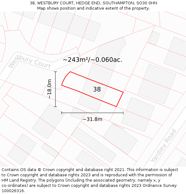 38, WESTBURY COURT, HEDGE END, SOUTHAMPTON, SO30 0HN: Plot and title map