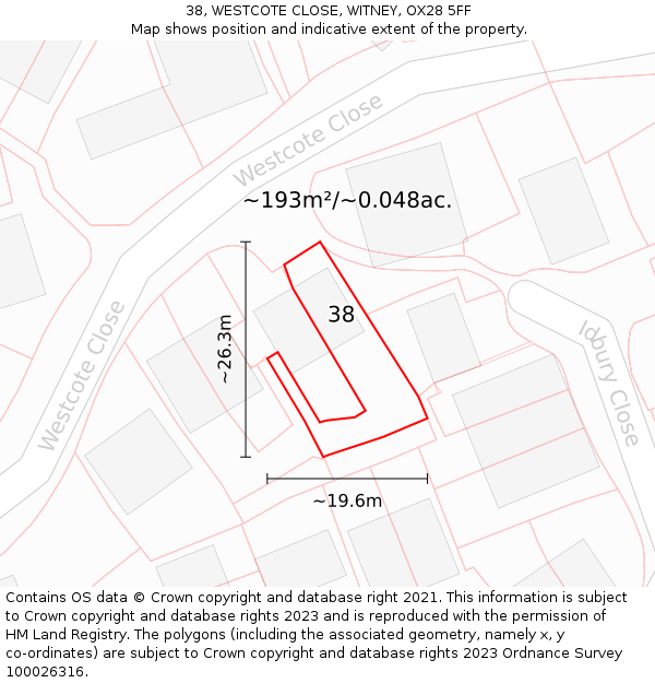 38, WESTCOTE CLOSE, WITNEY, OX28 5FF: Plot and title map